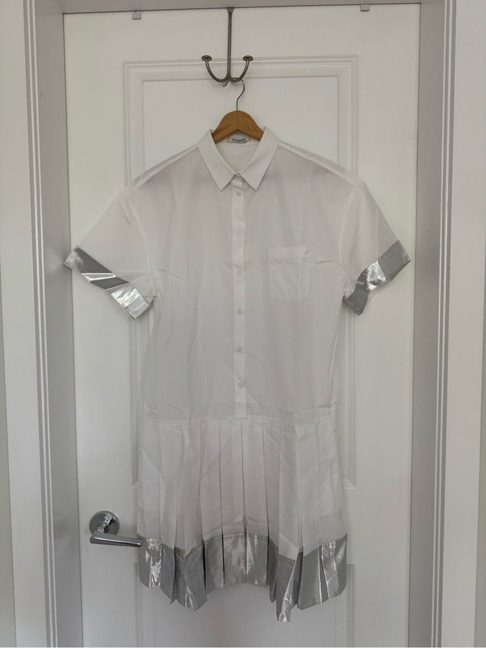 White Short-Sleeve Dress with Silver Trim